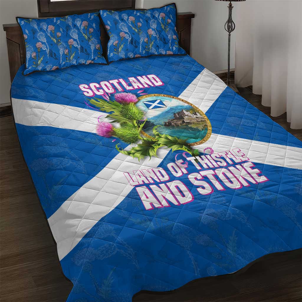 Scotland Quilt Bed Set with Blue Saltire Flag with Thistle Flowers Highland Landscape and Land of Thistle and Stone - Wonder Print Shop
