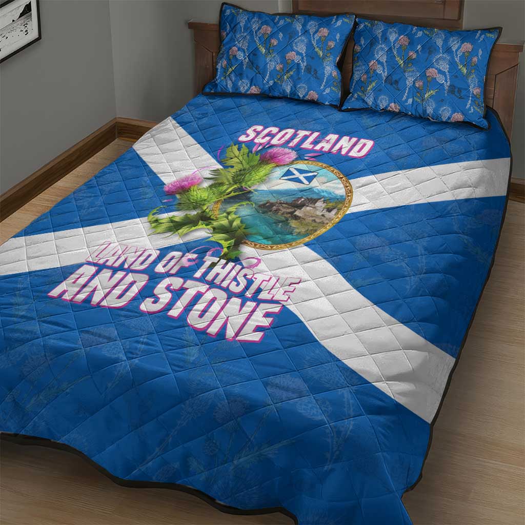 Scotland Quilt Bed Set with Blue Saltire Flag with Thistle Flowers Highland Landscape and Land of Thistle and Stone - Wonder Print Shop