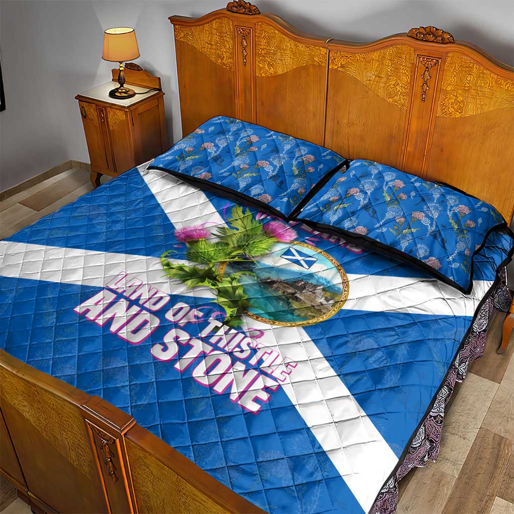 Scotland Quilt Bed Set with Blue Saltire Flag with Thistle Flowers Highland Landscape and Land of Thistle and Stone - Wonder Print Shop