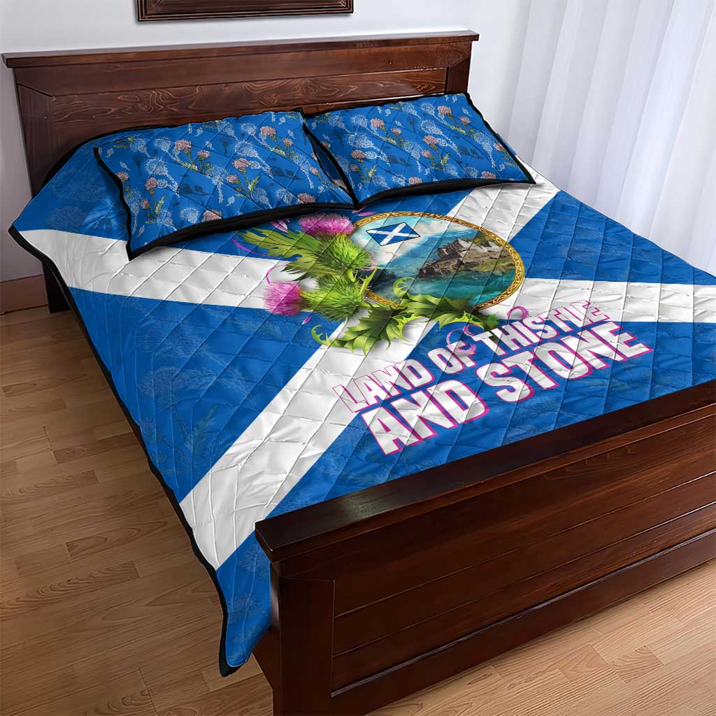 Scotland Quilt Bed Set with Blue Saltire Flag with Thistle Flowers Highland Landscape and Land of Thistle and Stone - Wonder Print Shop