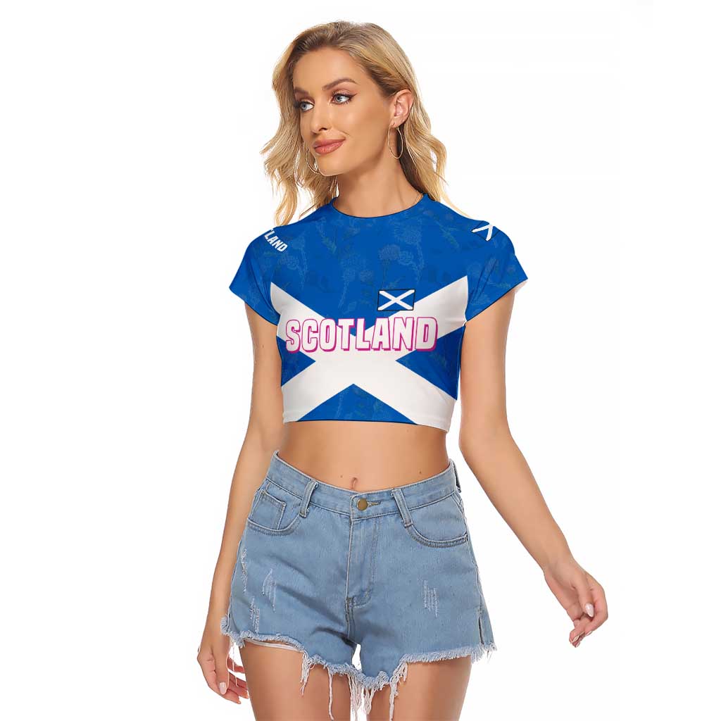Scotland Raglan Cropped T Shirt with Blue Saltire Flag with Thistle Flowers Highland Landscape and Land of Thistle and Stone - Wonder Print Shop