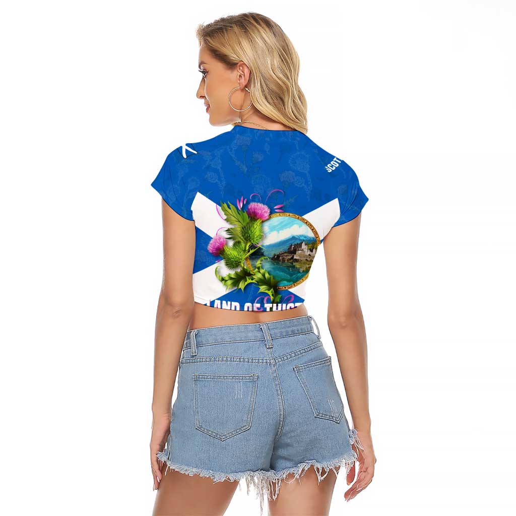 Scotland Raglan Cropped T Shirt with Blue Saltire Flag with Thistle Flowers Highland Landscape and Land of Thistle and Stone - Wonder Print Shop