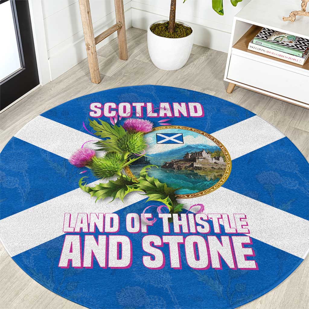 Scotland Round Carpet with Blue Saltire Flag with Thistle Flowers Highland Landscape and Land of Thistle and Stone - Wonder Print Shop