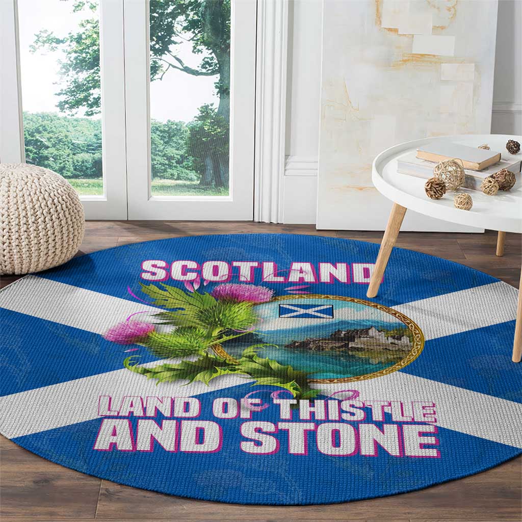 Scotland Round Carpet with Blue Saltire Flag with Thistle Flowers Highland Landscape and Land of Thistle and Stone - Wonder Print Shop