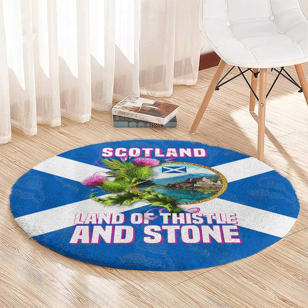 Scotland Round Carpet with Blue Saltire Flag with Thistle Flowers Highland Landscape and Land of Thistle and Stone - Wonder Print Shop