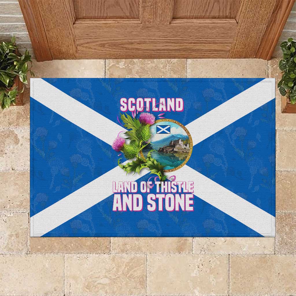 Scotland Rubber Doormat with Blue Saltire Flag with Thistle Flowers Highland Landscape and Land of Thistle and Stone - Wonder Print Shop