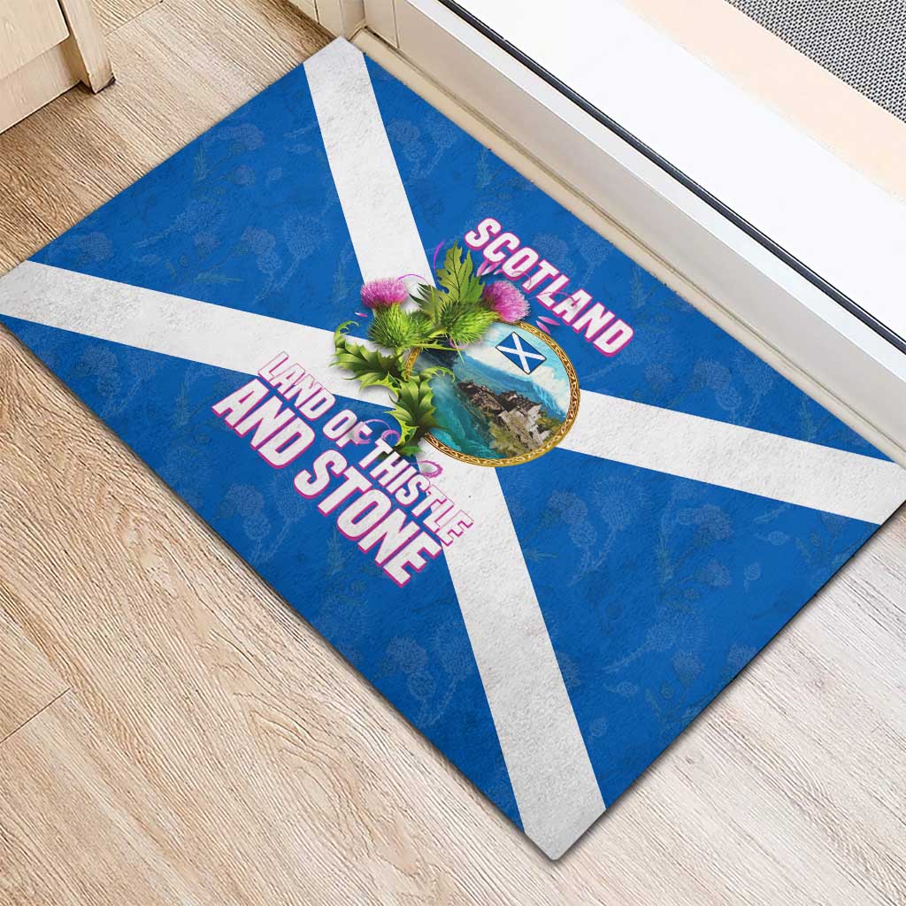 Scotland Rubber Doormat with Blue Saltire Flag with Thistle Flowers Highland Landscape and Land of Thistle and Stone - Wonder Print Shop