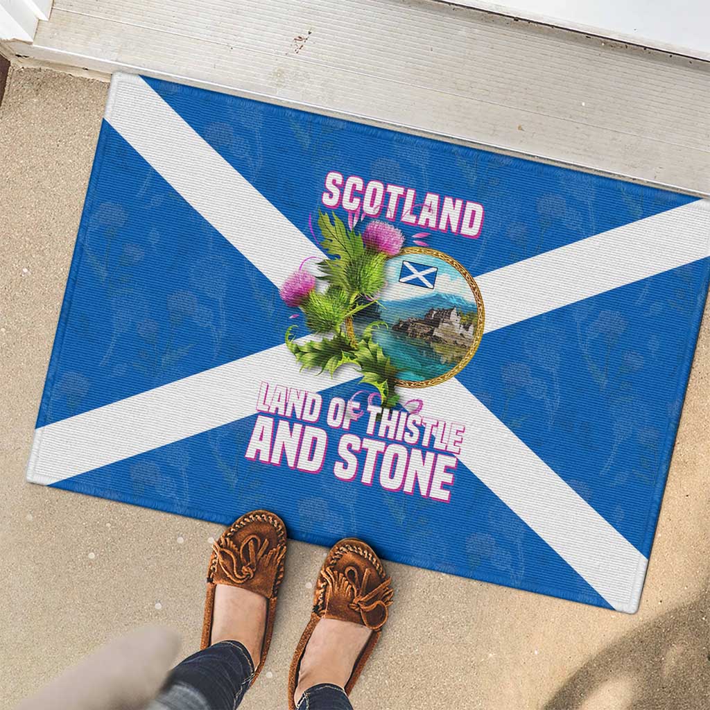 Scotland Rubber Doormat with Blue Saltire Flag with Thistle Flowers Highland Landscape and Land of Thistle and Stone - Wonder Print Shop