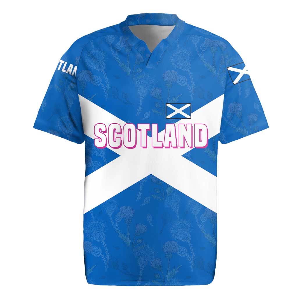 Scotland Rugby Jersey with Blue Saltire Flag with Thistle Flowers Highland Landscape and Land of Thistle and Stone - Wonder Print Shop