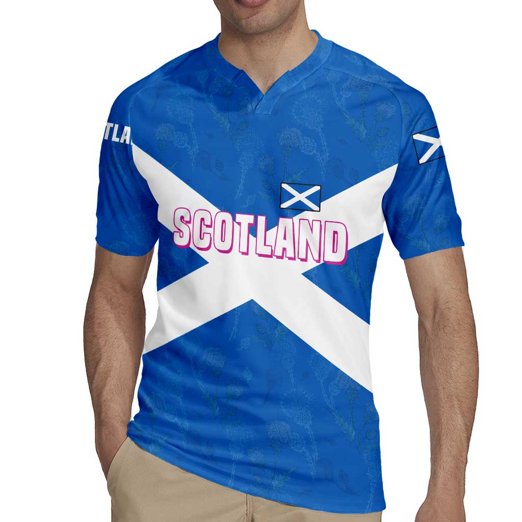 Scotland Rugby Jersey with Blue Saltire Flag with Thistle Flowers Highland Landscape and Land of Thistle and Stone - Wonder Print Shop