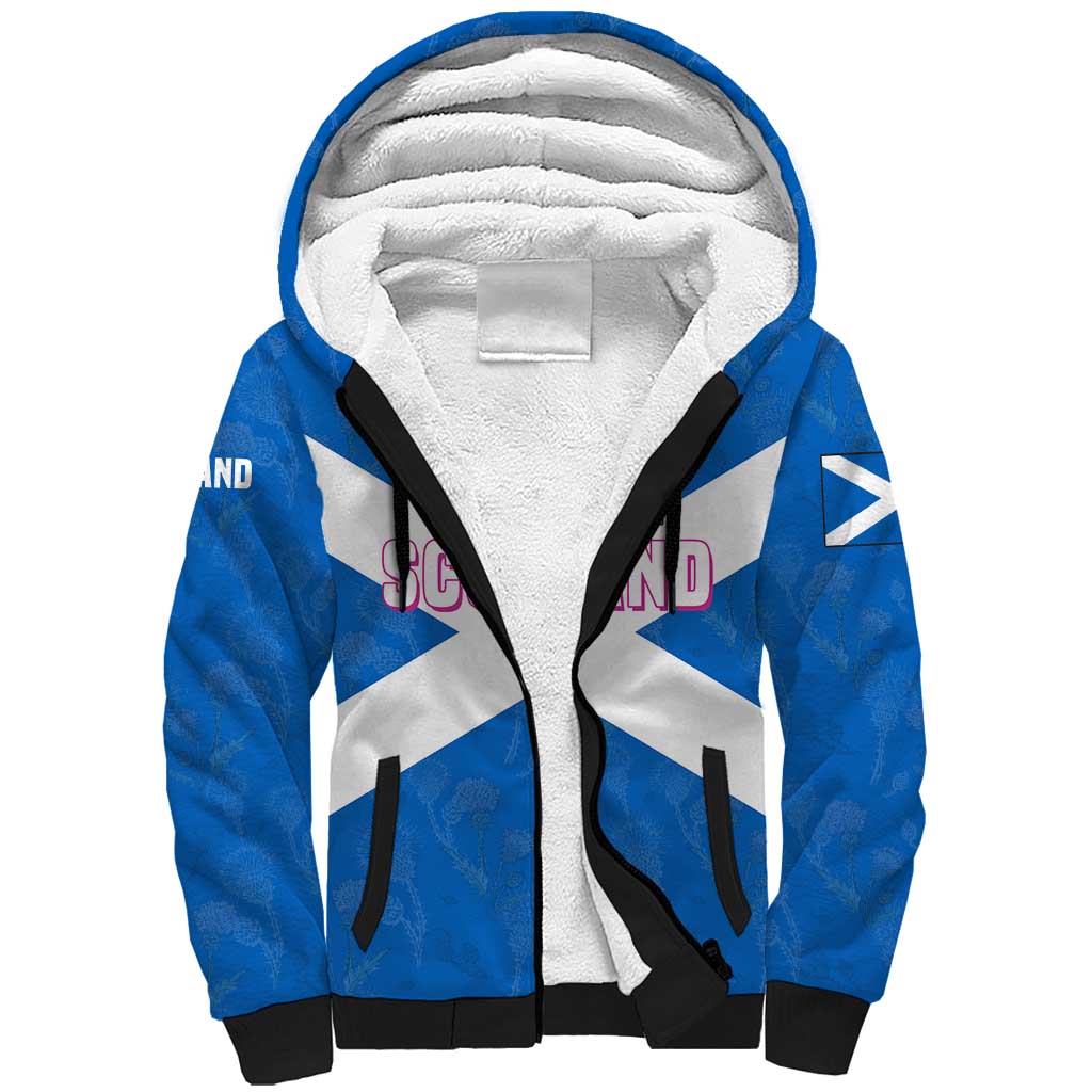 Scotland Sherpa Hoodie with Blue Saltire Flag with Thistle Flowers Highland Landscape and Land of Thistle and Stone - Wonder Print Shop