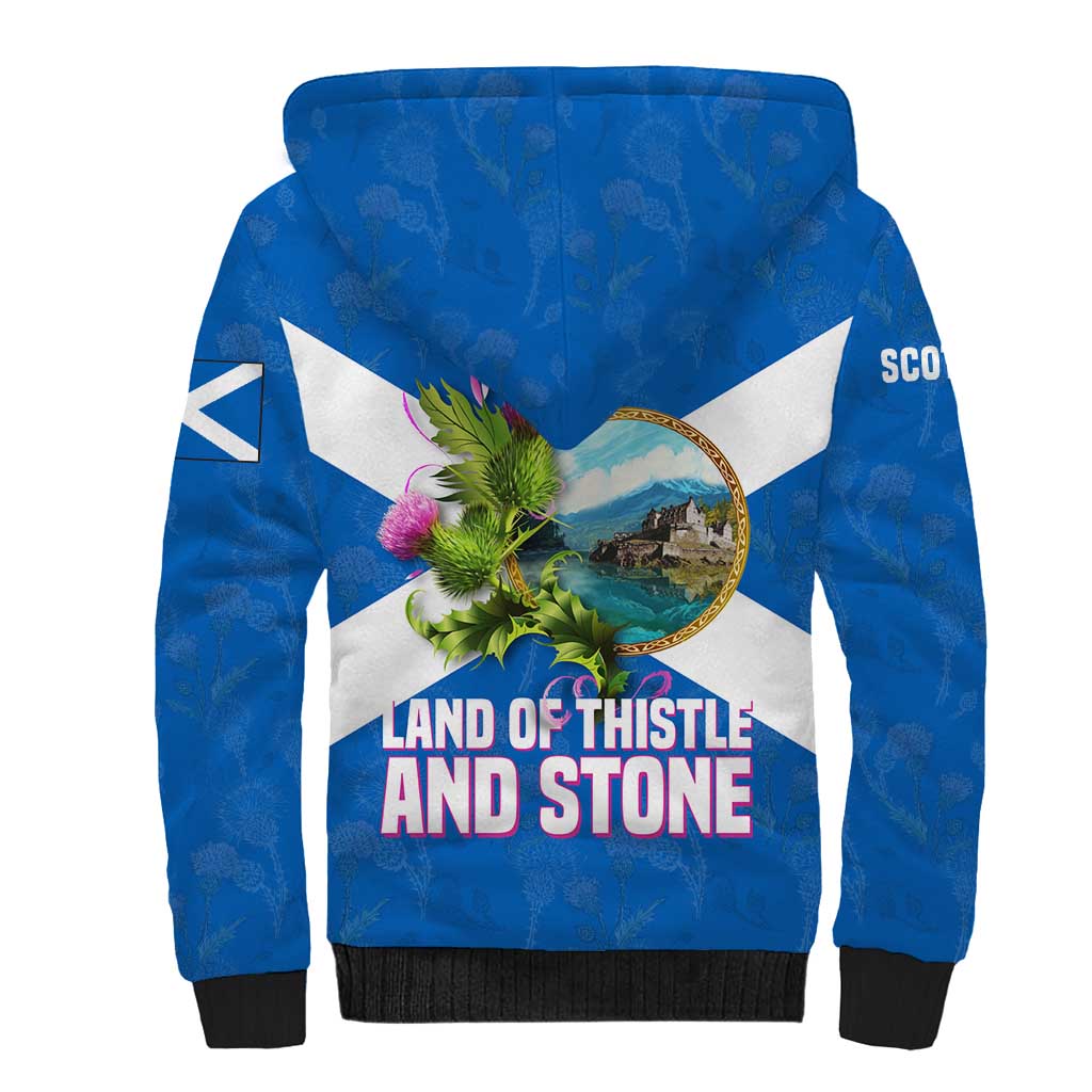 Scotland Sherpa Hoodie with Blue Saltire Flag with Thistle Flowers Highland Landscape and Land of Thistle and Stone - Wonder Print Shop