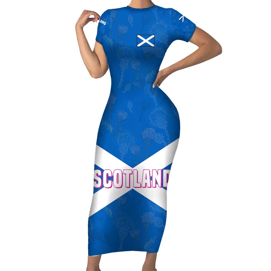 Scotland Short Sleeve Bodycon Dress with Blue Saltire Flag with Thistle Flowers Highland Landscape and Land of Thistle and Stone - Wonder Print Shop