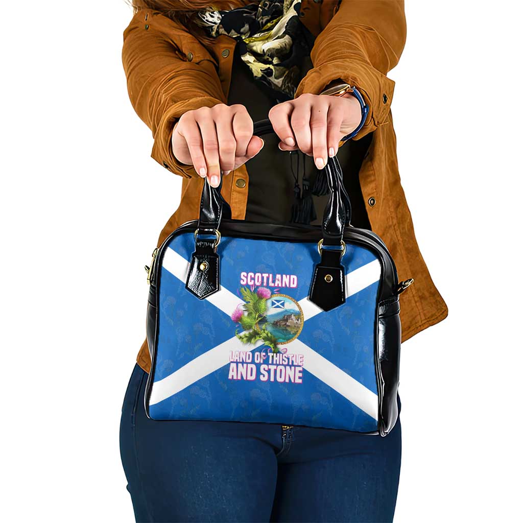 Scotland Shoulder Handbag with Blue Saltire Flag with Thistle Flowers Highland Landscape and Land of Thistle and Stone - Wonder Print Shop