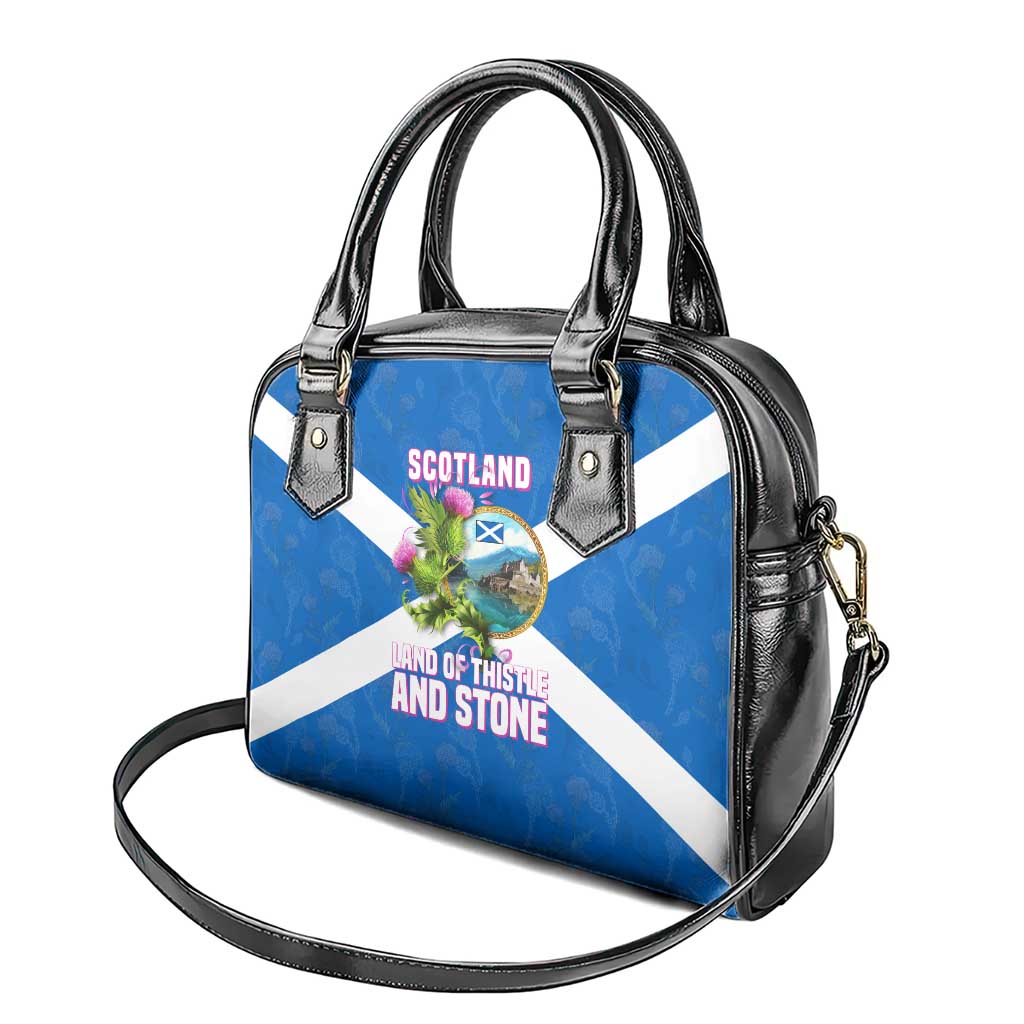 Scotland Shoulder Handbag with Blue Saltire Flag with Thistle Flowers Highland Landscape and Land of Thistle and Stone - Wonder Print Shop