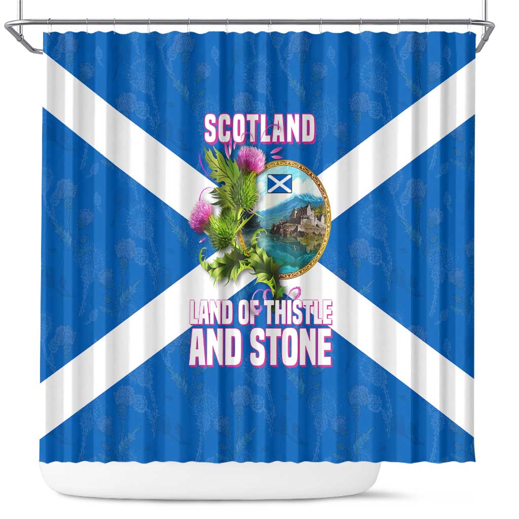 Scotland Shower Curtain with Blue Saltire Flag with Thistle Flowers Highland Landscape and Land of Thistle and Stone - Wonder Print Shop