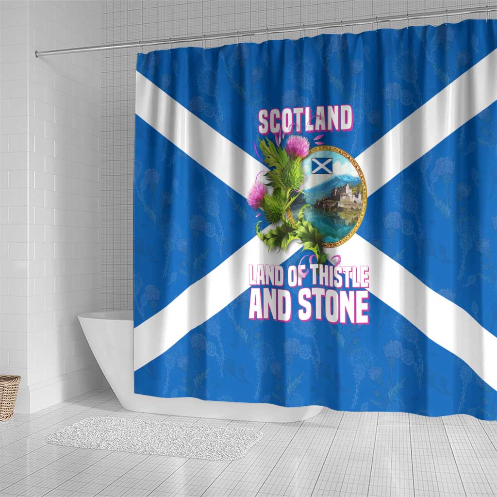 Scotland Shower Curtain with Blue Saltire Flag with Thistle Flowers Highland Landscape and Land of Thistle and Stone - Wonder Print Shop