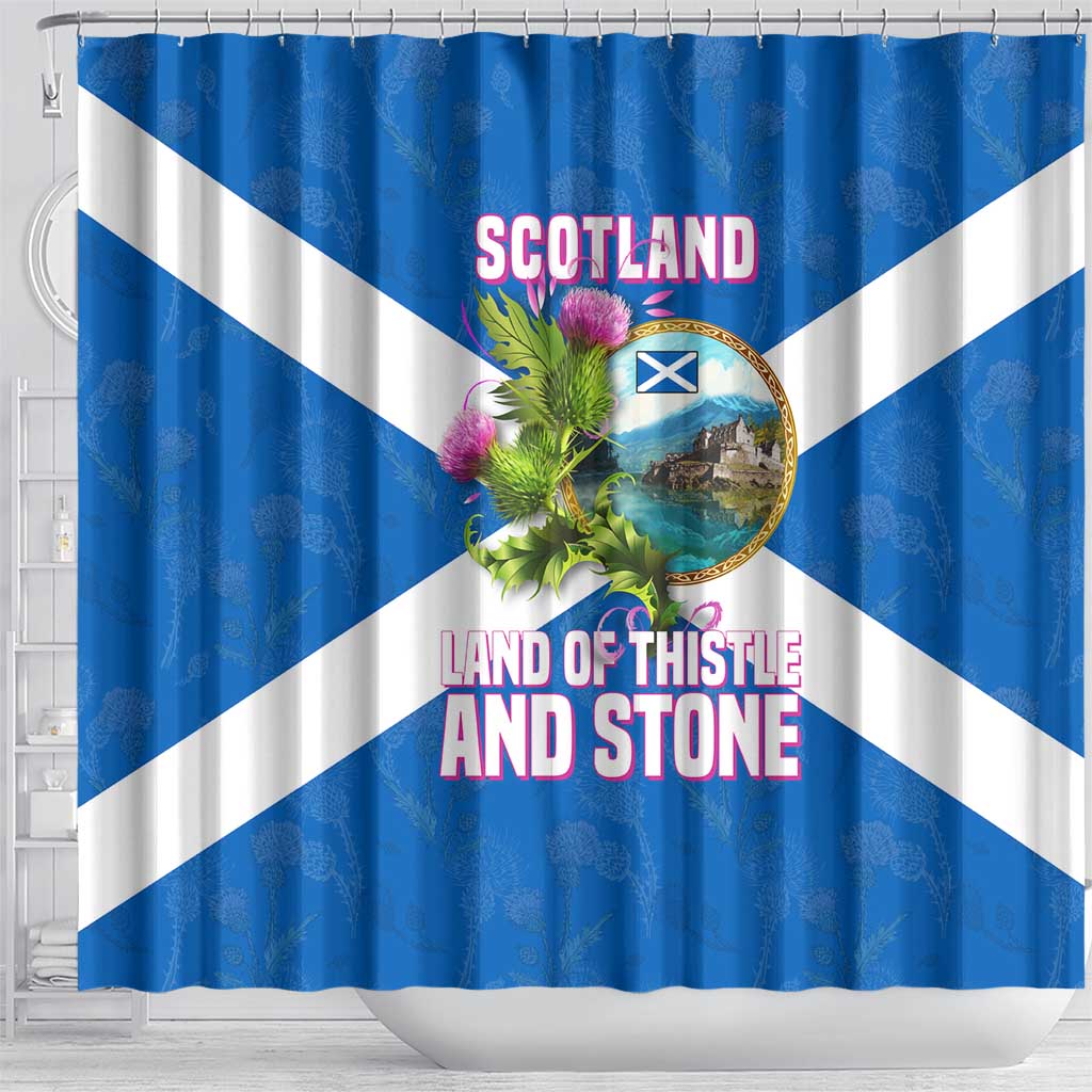 Scotland Shower Curtain with Blue Saltire Flag with Thistle Flowers Highland Landscape and Land of Thistle and Stone - Wonder Print Shop