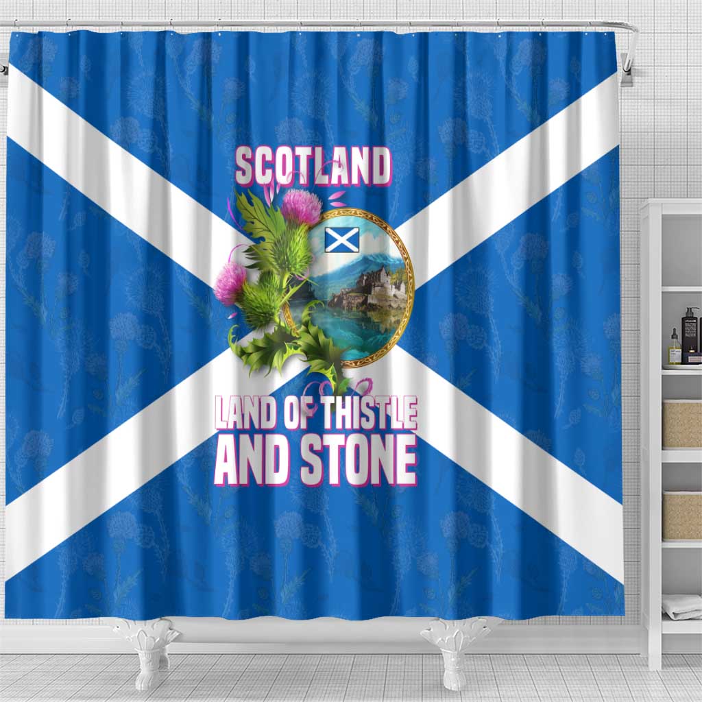 Scotland Shower Curtain with Blue Saltire Flag with Thistle Flowers Highland Landscape and Land of Thistle and Stone - Wonder Print Shop
