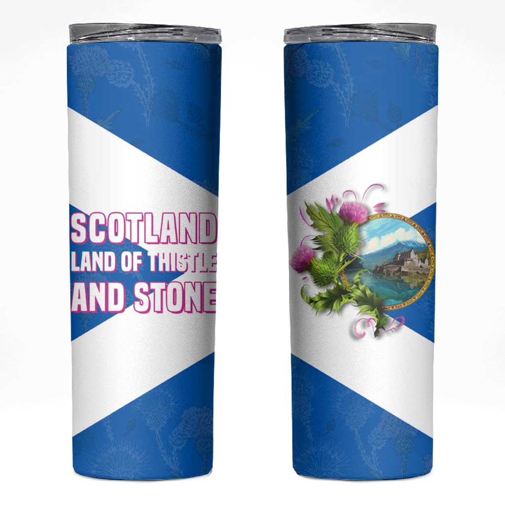 Scotland Skinny Tumbler with Blue Saltire Flag with Thistle Flowers Highland Landscape and Land of Thistle and Stone - Wonder Print Shop