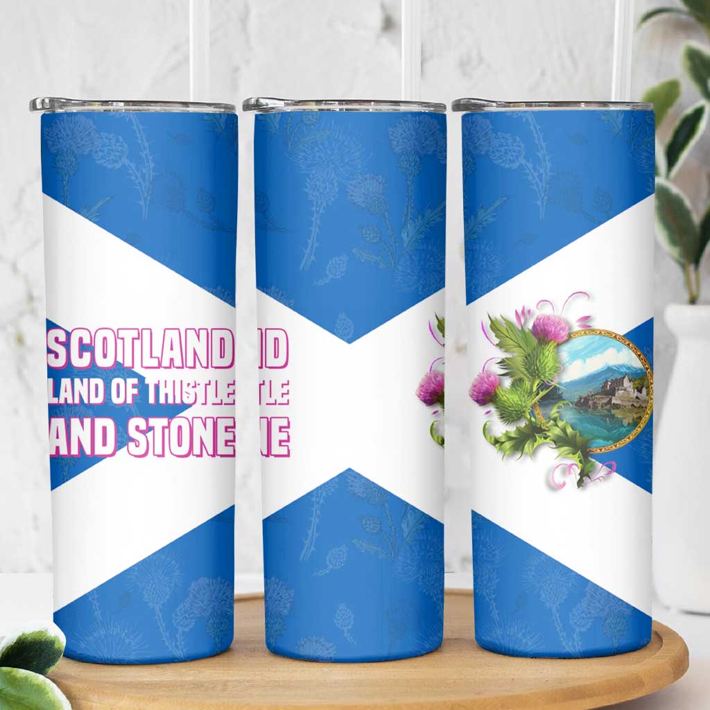 Scotland Skinny Tumbler with Blue Saltire Flag with Thistle Flowers Highland Landscape and Land of Thistle and Stone - Wonder Print Shop