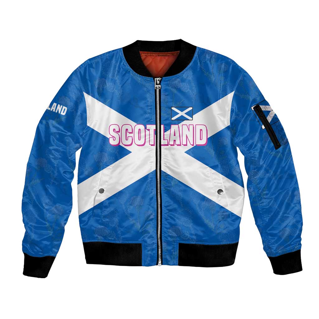 Scotland Sleeve Zip Bomber Jacket with Blue Saltire Flag with Thistle Flowers Highland Landscape and Land of Thistle and Stone - Wonder Print Shop