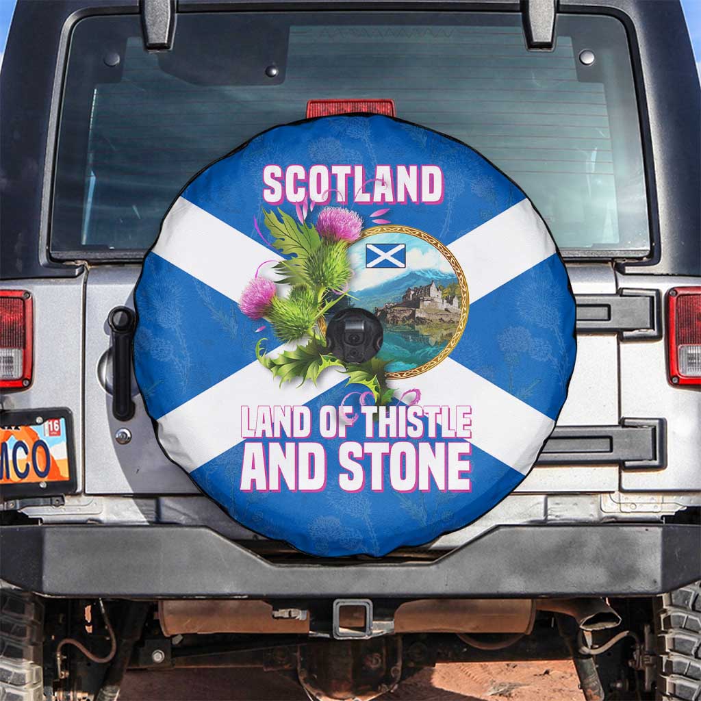Scotland Spare Tire Cover with Blue Saltire Flag with Thistle Flowers Highland Landscape and Land of Thistle and Stone - Wonder Print Shop