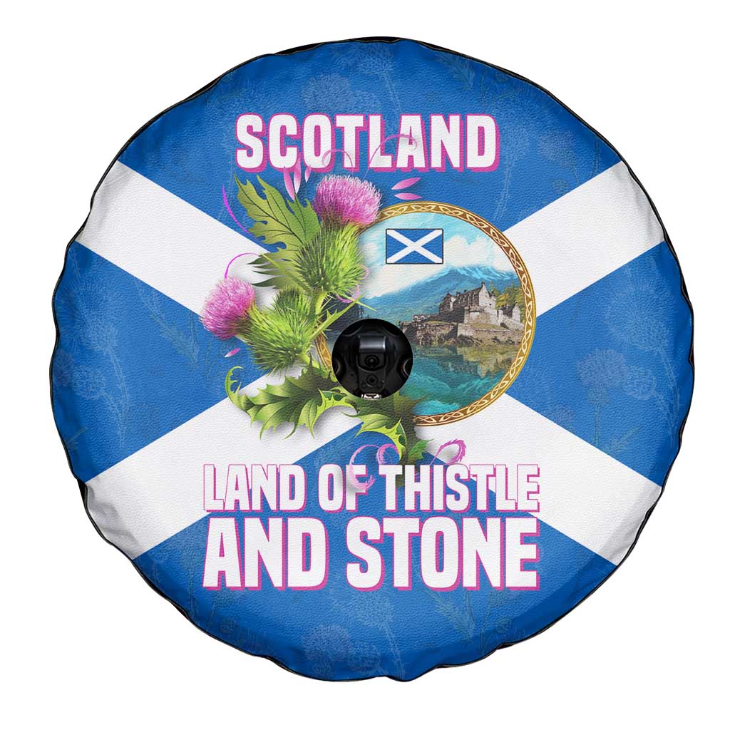 Scotland Spare Tire Cover with Blue Saltire Flag with Thistle Flowers Highland Landscape and Land of Thistle and Stone - Wonder Print Shop