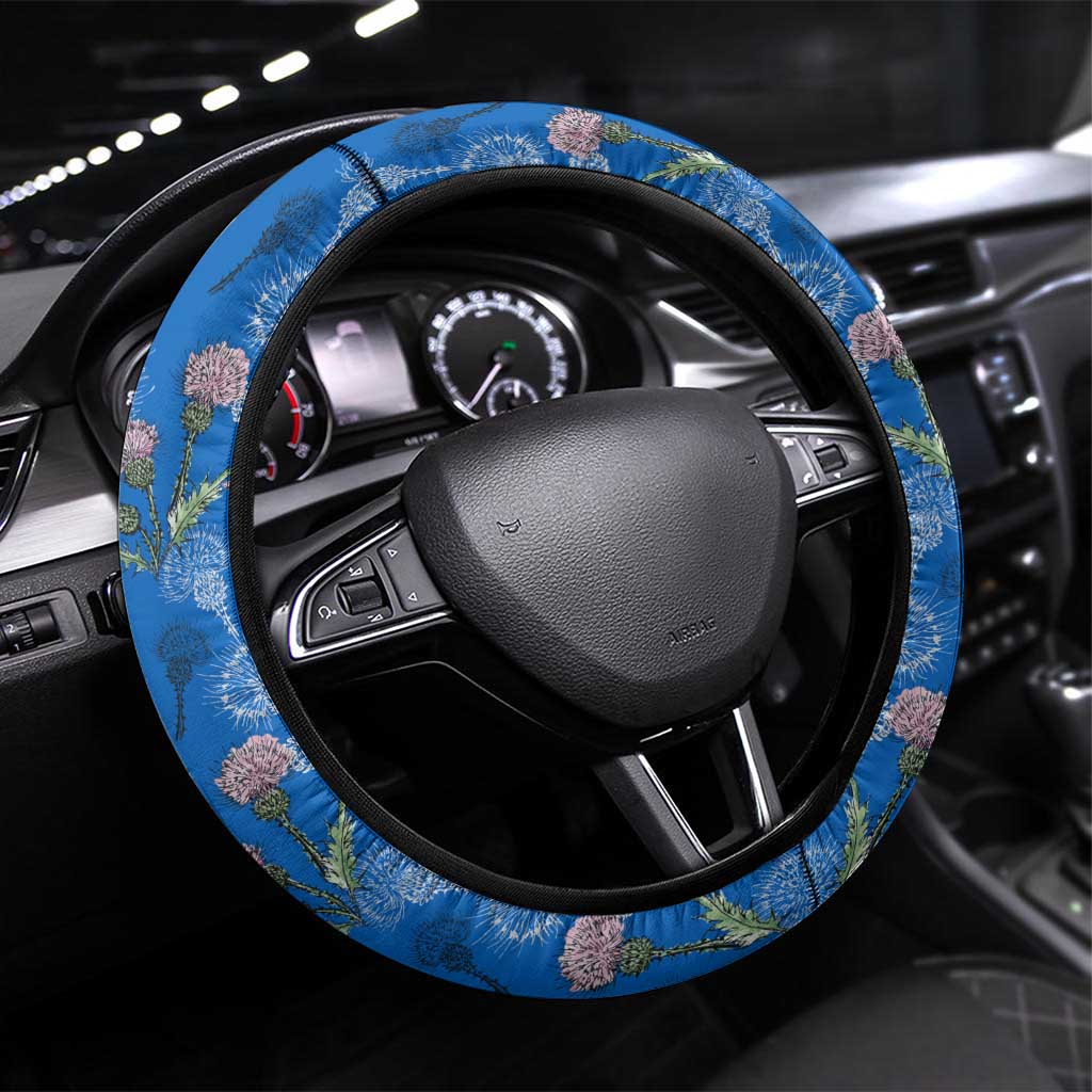 Scotland Steering Wheel Cover with Blue Saltire Flag with Thistle Flowers Highland Landscape and Land of Thistle and Stone - Wonder Print Shop