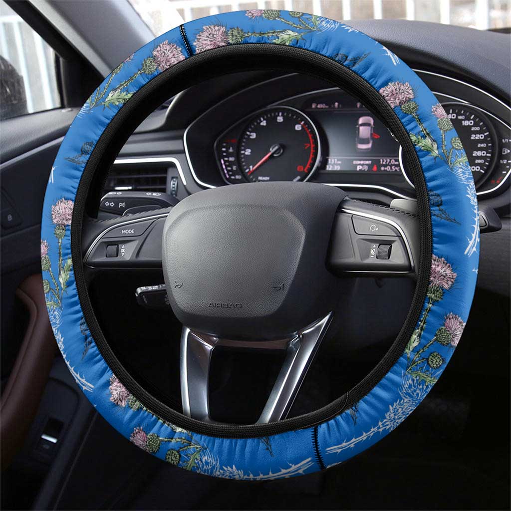 Scotland Steering Wheel Cover with Blue Saltire Flag with Thistle Flowers Highland Landscape and Land of Thistle and Stone - Wonder Print Shop