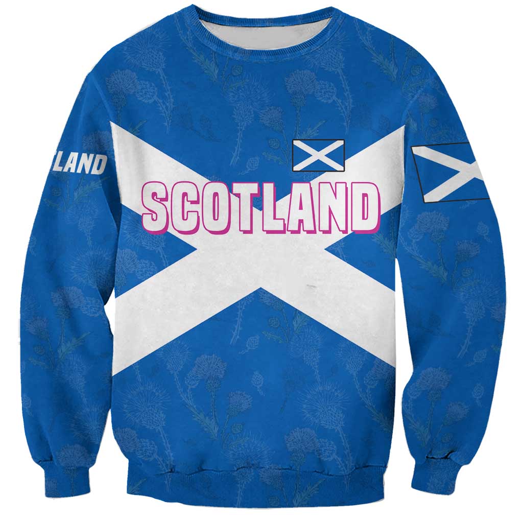 Scotland Sweatshirt with Blue Saltire Flag with Thistle Flowers Highland Landscape and Land of Thistle and Stone - Wonder Print Shop