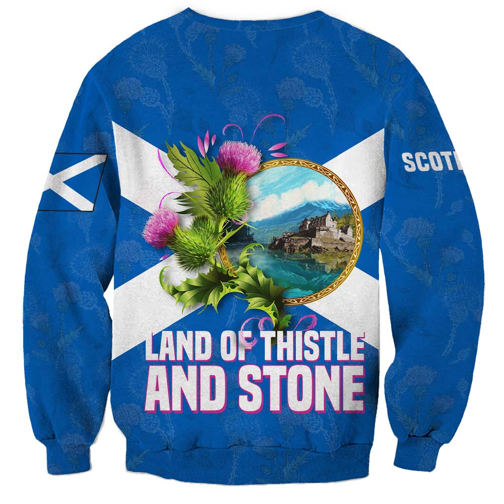 Scotland Sweatshirt with Blue Saltire Flag with Thistle Flowers Highland Landscape and Land of Thistle and Stone - Wonder Print Shop