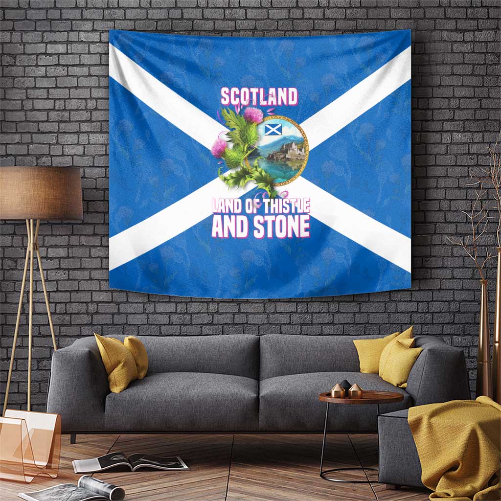 Scotland Tapestry with Blue Saltire Flag with Thistle Flowers Highland Landscape and Land of Thistle and Stone - Wonder Print Shop