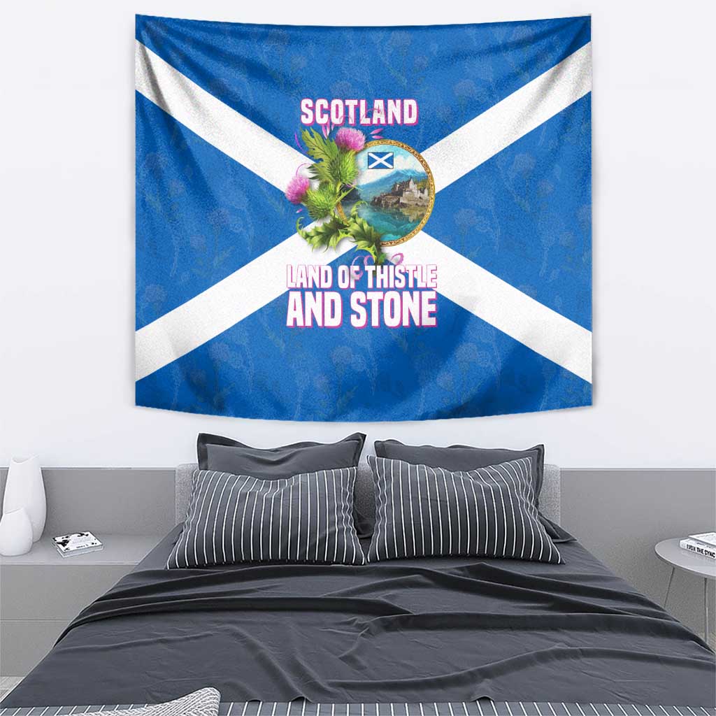 Scotland Tapestry with Blue Saltire Flag with Thistle Flowers Highland Landscape and Land of Thistle and Stone - Wonder Print Shop