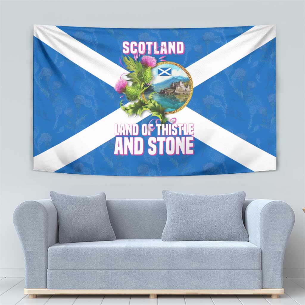 Scotland Tapestry with Blue Saltire Flag with Thistle Flowers Highland Landscape and Land of Thistle and Stone - Wonder Print Shop
