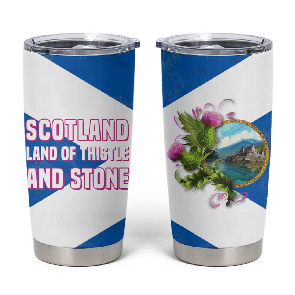 Scotland Tumbler Cup with Blue Saltire Flag with Thistle Flowers Highland Landscape and Land of Thistle and Stone - Wonder Print Shop