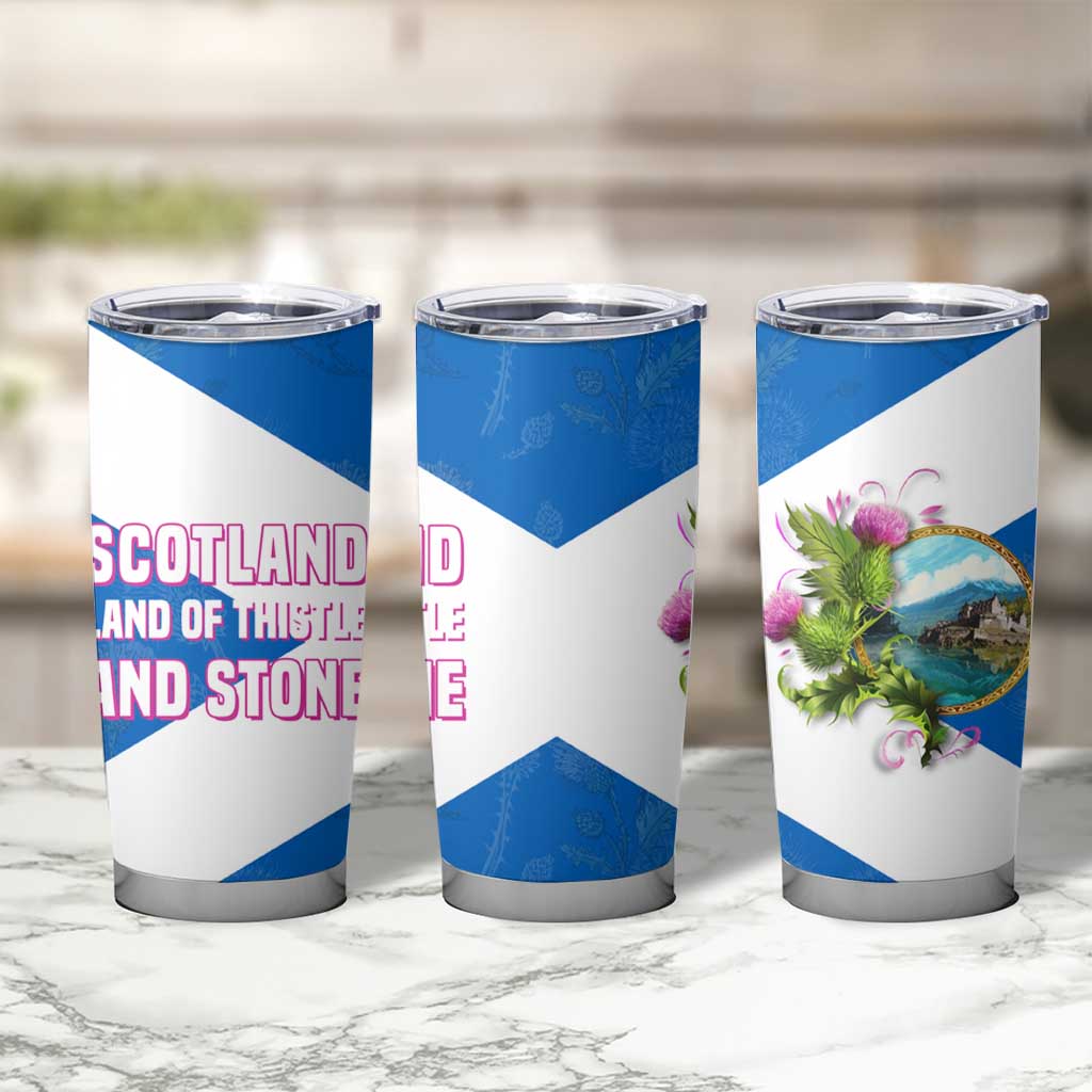 Scotland Tumbler Cup with Blue Saltire Flag with Thistle Flowers Highland Landscape and Land of Thistle and Stone - Wonder Print Shop