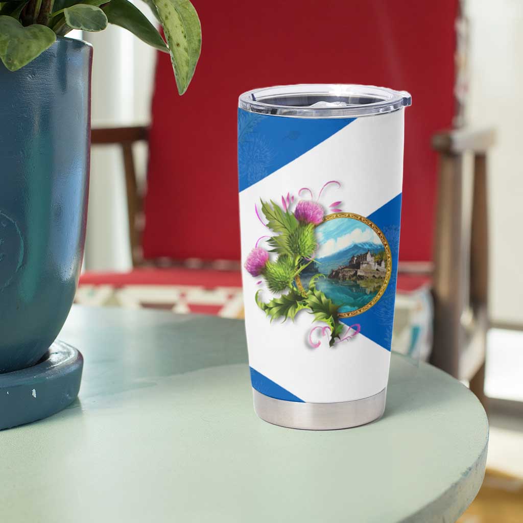 Scotland Tumbler Cup with Blue Saltire Flag with Thistle Flowers Highland Landscape and Land of Thistle and Stone - Wonder Print Shop