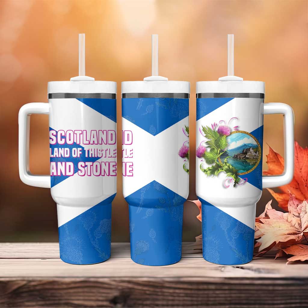 Scotland Tumbler With Handle with Blue Saltire Flag with Thistle Flowers Highland Landscape and Land of Thistle and Stone - Wonder Print Shop