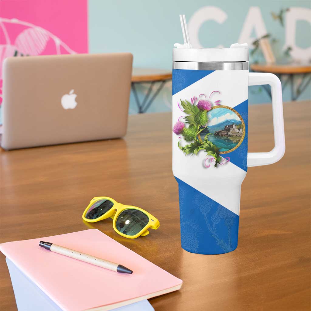 Scotland Tumbler With Handle with Blue Saltire Flag with Thistle Flowers Highland Landscape and Land of Thistle and Stone - Wonder Print Shop