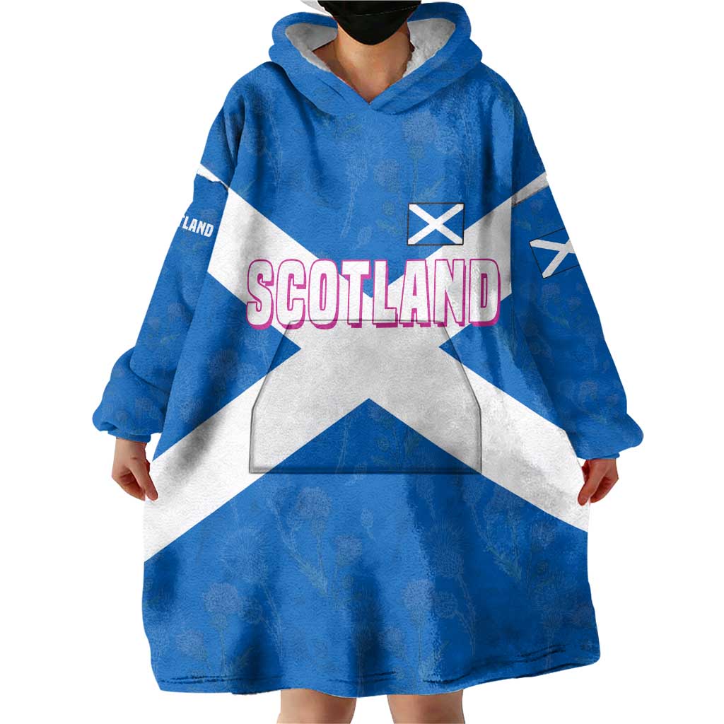 Scotland Wearable Blanket Hoodie with Blue Saltire Flag with Thistle Flowers Highland Landscape and Land of Thistle and Stone - Wonder Print Shop