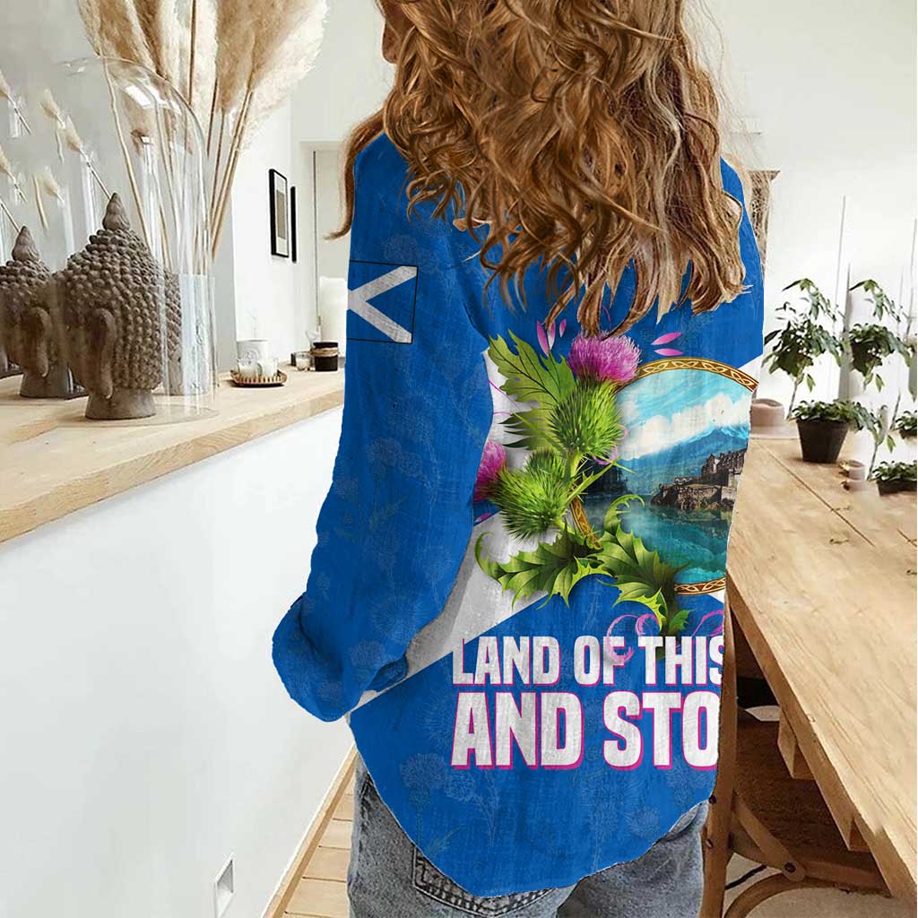 Scotland Women Casual Shirt with Blue Saltire Flag with Thistle Flowers Highland Landscape and Land of Thistle and Stone - Wonder Print Shop