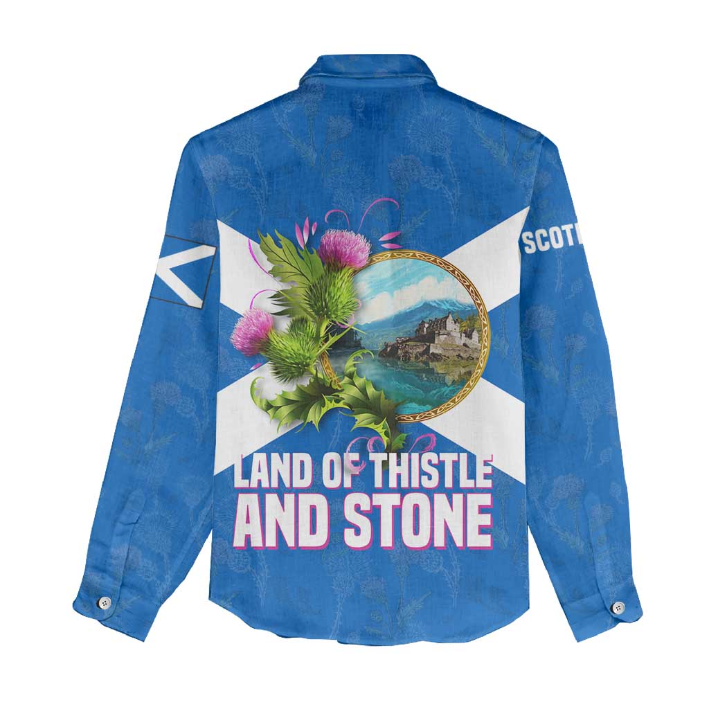 Scotland Women Casual Shirt with Blue Saltire Flag with Thistle Flowers Highland Landscape and Land of Thistle and Stone - Wonder Print Shop