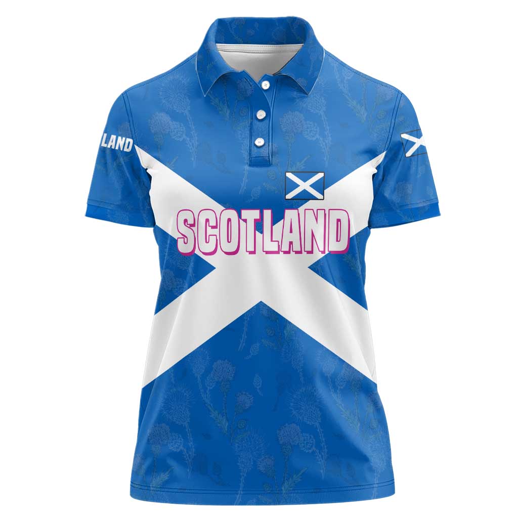 Scotland Women Polo Shirt with Blue Saltire Flag with Thistle Flowers Highland Landscape and Land of Thistle and Stone - Wonder Print Shop