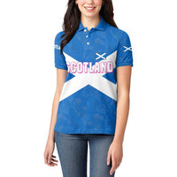 Scotland Women Polo Shirt with Blue Saltire Flag with Thistle Flowers Highland Landscape and Land of Thistle and Stone - Wonder Print Shop