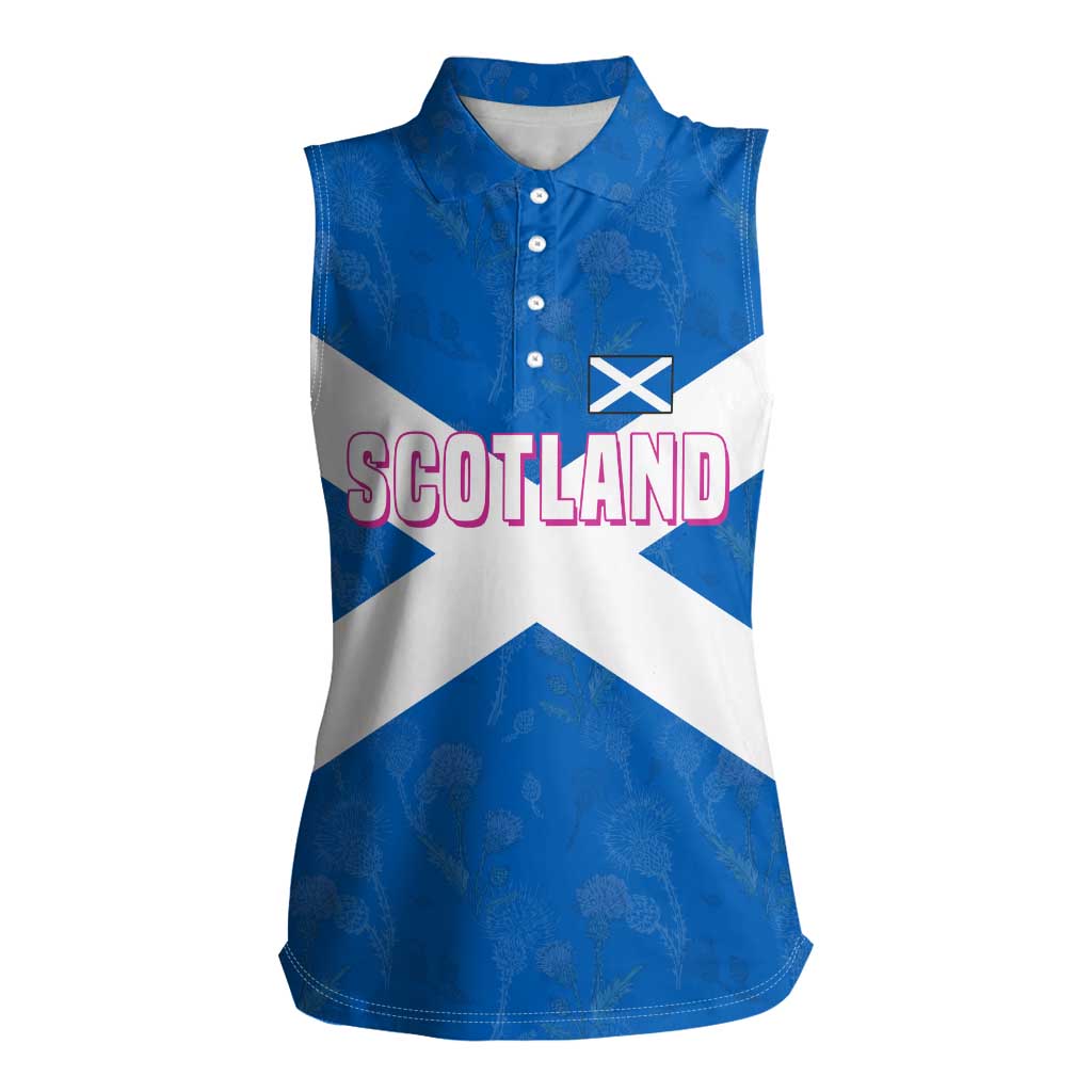 Scotland Women Sleeveless Polo Shirt with Blue Saltire Flag with Thistle Flowers Highland Landscape and Land of Thistle and Stone - Wonder Print Shop