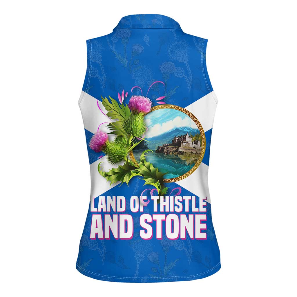 Scotland Women Sleeveless Polo Shirt with Blue Saltire Flag with Thistle Flowers Highland Landscape and Land of Thistle and Stone - Wonder Print Shop