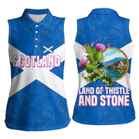 Scotland Women Sleeveless Polo Shirt with Blue Saltire Flag with Thistle Flowers Highland Landscape and Land of Thistle and Stone - Wonder Print Shop