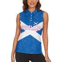 Scotland Women Sleeveless Polo Shirt with Blue Saltire Flag with Thistle Flowers Highland Landscape and Land of Thistle and Stone - Wonder Print Shop