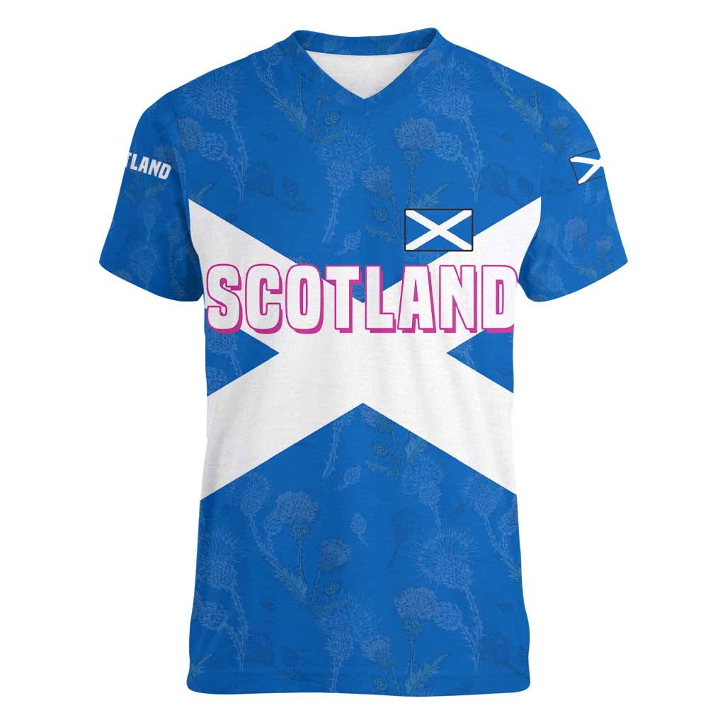 Scotland Women V-Neck T-Shirt with Blue Saltire Flag with Thistle Flowers Highland Landscape and Land of Thistle and Stone - Wonder Print Shop